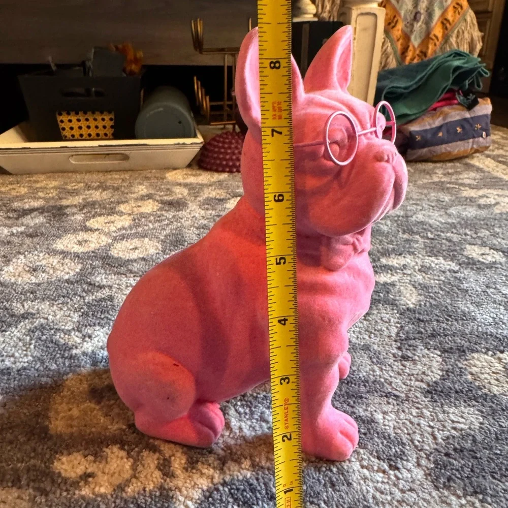 Pink Velvet French Bulldog Statue with Glasses
